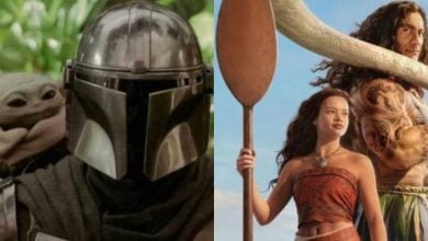 split image: on the left, mando and grogu. on the right, live-action moana