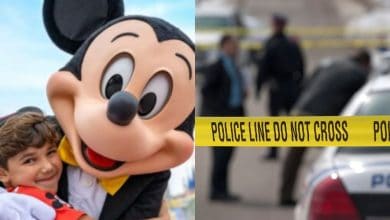 split image: on the left, mickey mouse and young guest at disney world. on the right, police crime scene tape with officers in the background