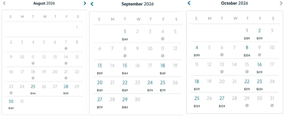 Monthly calendars for August, September, and October 2026 showing Mickey's Not-So-Scary Halloween Party availability as of August 18