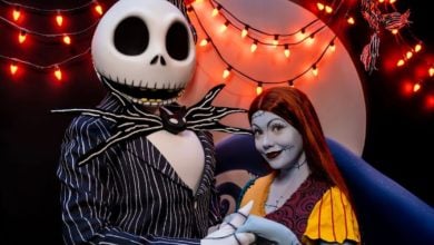 Jack and Sally characters in Disneyland during Halloween