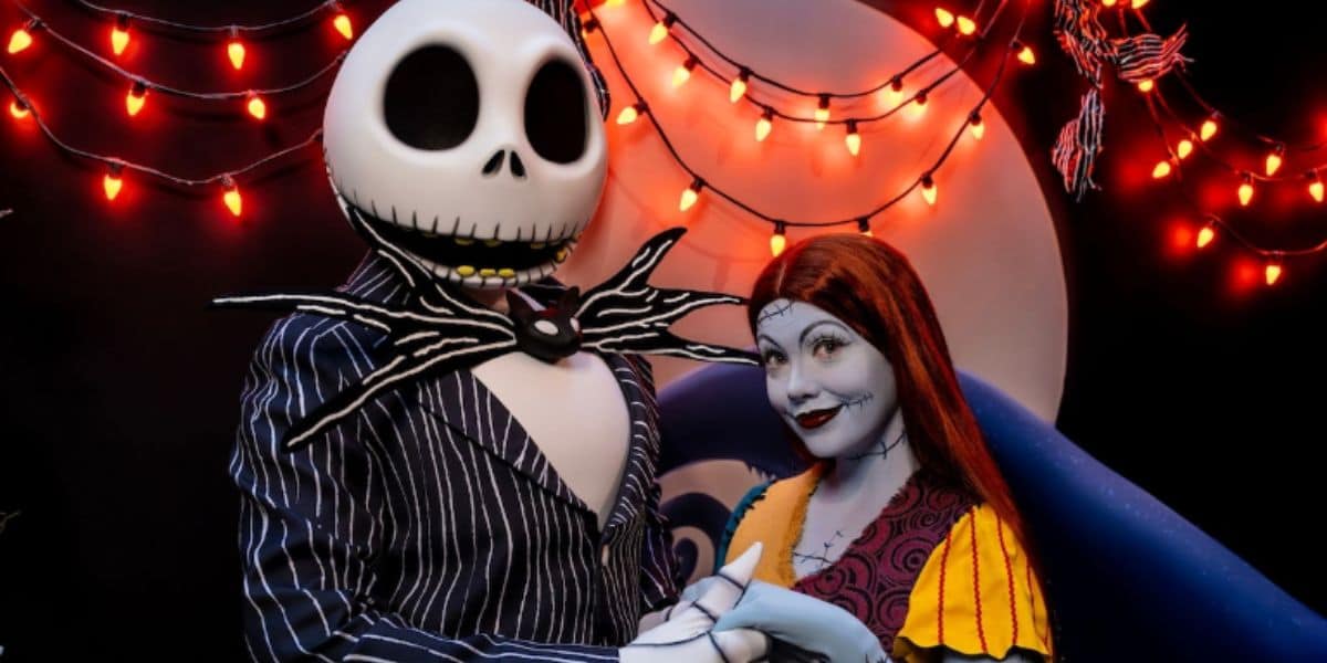 Jack and Sally characters in Disneyland during Halloween