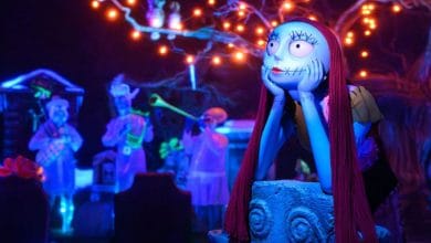 Sally inside haunted mansion ride during holiday overlay in disneyland