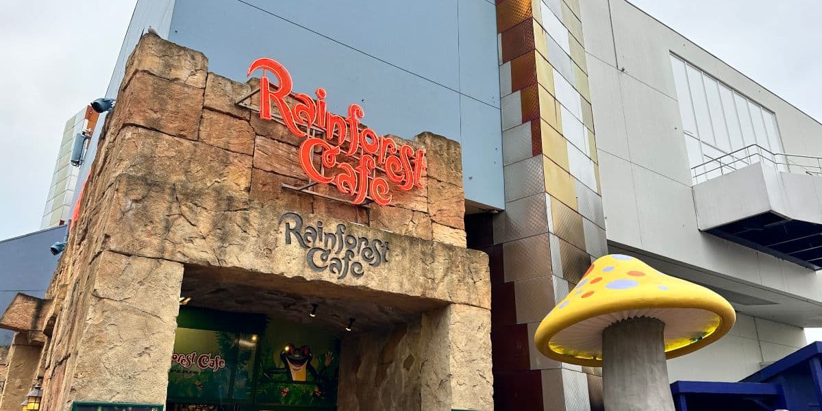 Rainforest Cafe’s iconic stone entrance at Disney Village