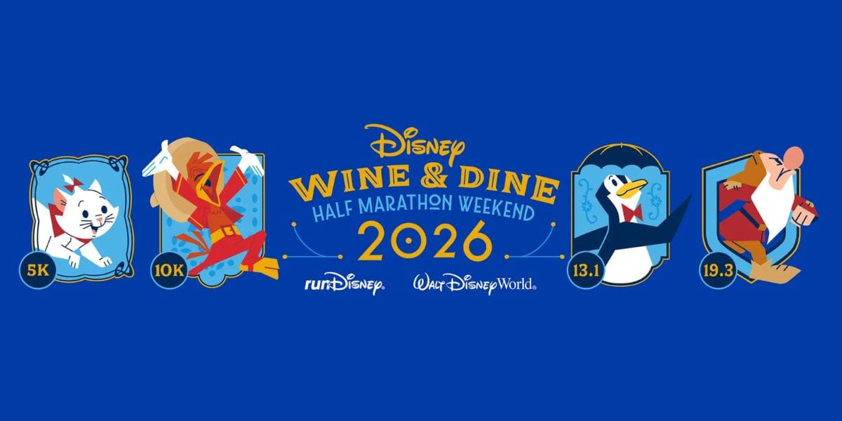 Disney Wine & Dine Half Marathon Weekend 2026 logo featuring race distances and iconic Disney characters, blending the excitement of runDisney events with beloved animated favorites.