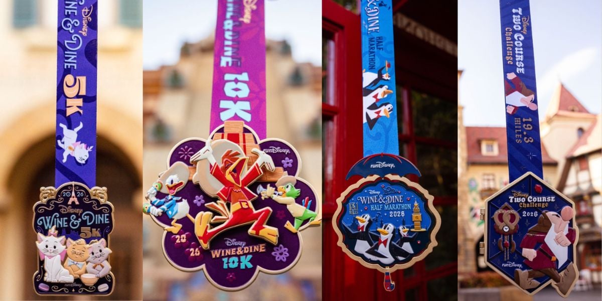 Four vibrant Disney race medals featuring beloved character designs and event titles, showcased in front of a softly blurred backdrop reminiscent of Disney park scenery.