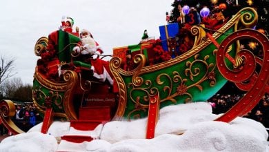 Santa Claus waves to fans from a vibrant holiday-themed sleigh float at Disneyland Park