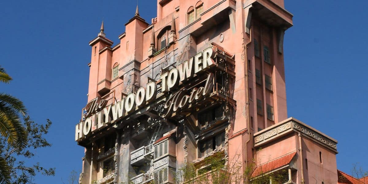 The iconic Hollywood Tower Hotel facade at Disney’s Hollywood Studios