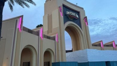 The iconic Universal Studios Florida archway glowing with pink lights at sunset, framed by towering palm trees and temporary construction barriers.