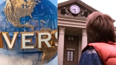 split image. on the left, universal's spinning globe. on the right, marty mcfly at the clock tower in back to the future