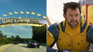 split image: on the left, walt disney world entrance sign. on the right, hugh jackman as wolverine