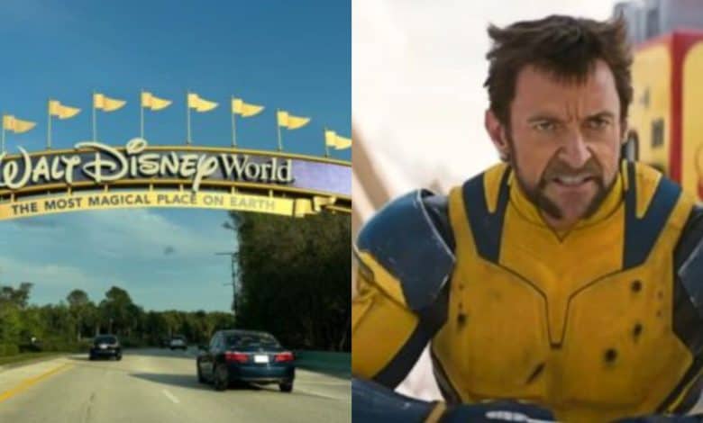 split image: on the left, walt disney world entrance sign. on the right, hugh jackman as wolverine