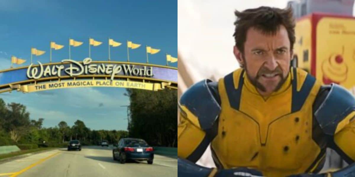 split image: on the left, walt disney world entrance sign. on the right, hugh jackman as wolverine