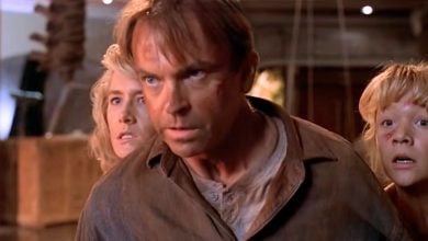 L to R: Ellie Sattler, Alan Grant, and Lex Murphy facing the raptors in 'Jurassic Park'