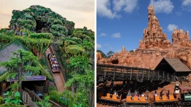 Left: Tiana's Bayou Adventure. Right: Big Thunder Mountain Railroad. Both are located in Frontierland in Magic Kingdom Park.