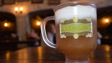 Butterbeer in a plastic mug at the Wizarding World of Harry Potter