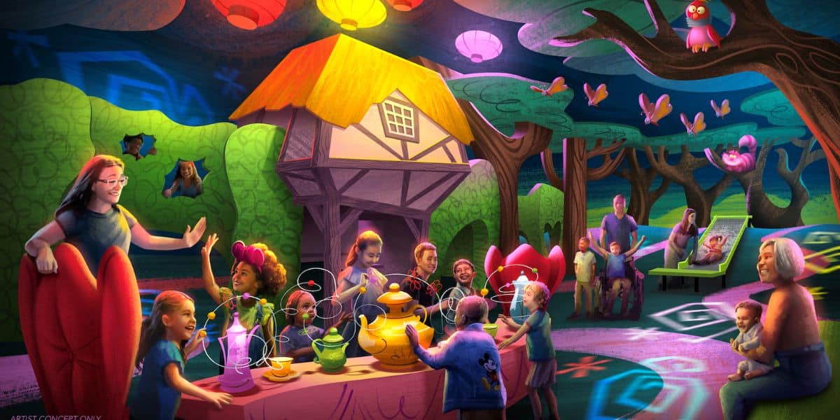 Guests of all ages immerse themselves in a magical, fairy tale-inspired tea party surrounded by vivid colors and enchanting forest scenery at a themed entertainment venue.