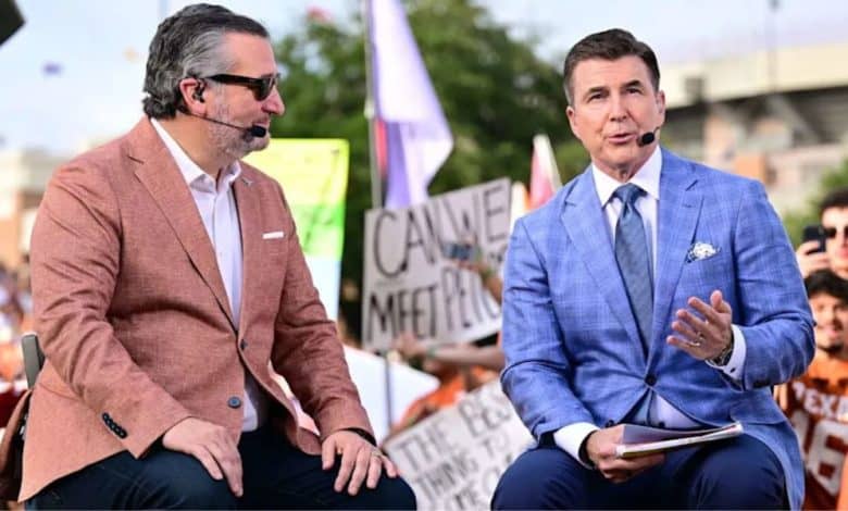Sports commentators on a lively TV set chat in front of enthusiastic Texas fans waving signs, creating an atmosphere full of excitement like the energy found at a major theme park event.