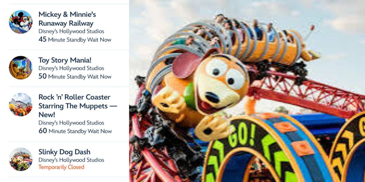 Slinky Dog Dash races along its track at Disney’s Hollywood Studios, with up-to-the-minute ride wait times and downtime alerts for Labor Day Weekend displayed alongside the vibrant attraction.