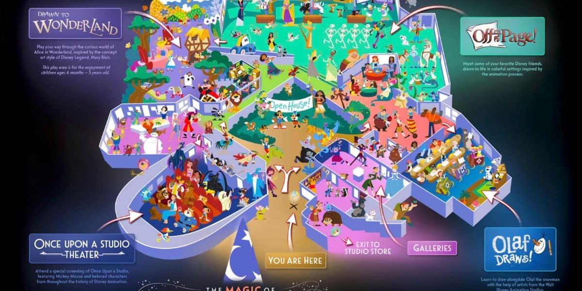 Vibrant illustrated map of a Disney park, highlighting immersive themed lands, iconic Disney characters, and clearly marked attractions and locations for guests to explore.
