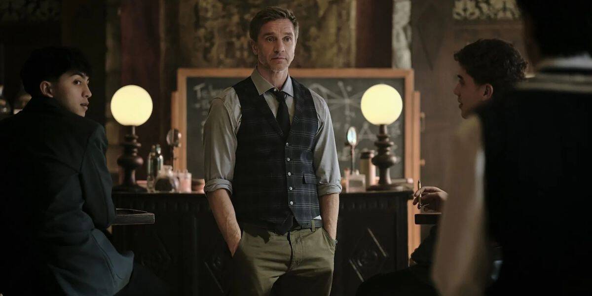 A bartender in a vest engages three guests seated at the lounge area of a dimly lit Disney resort bar, as they quietly talk about the latest boycott affecting a Disney+ series following recent controversy from a religious group.