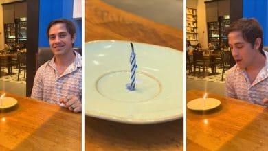 Screenshots from a video of a guest who got a candle on an empty plate for their birthday at a Disney World Restaurant.