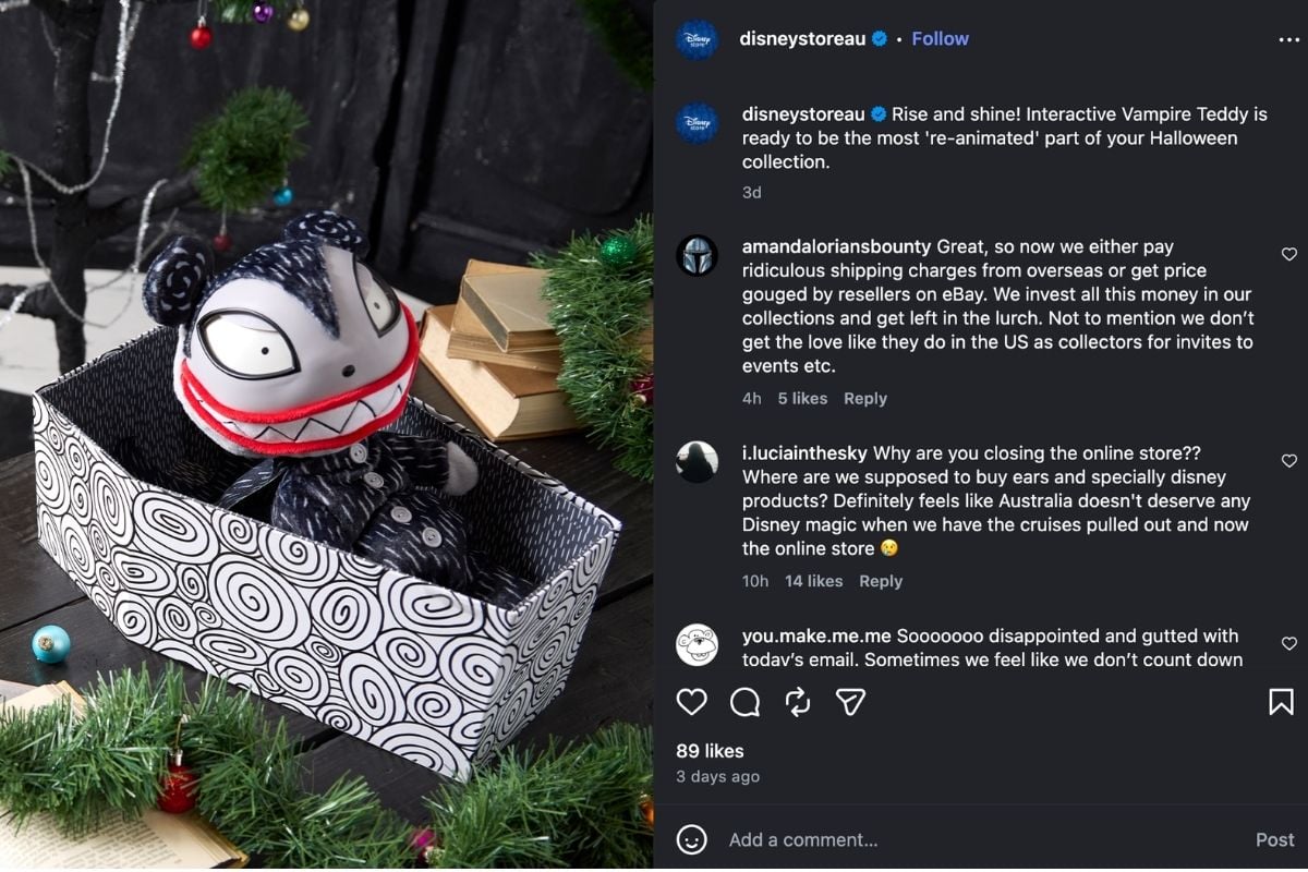 Disney Store Australia Instagram post advertising a Vampire Teddy plush