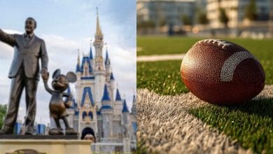 split image: on the left, partners statue in front of cinderella castle in disney world. on the right, a football sits on green field