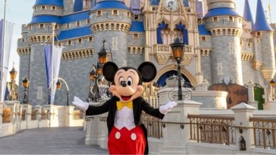 Mickey Mouse in front of Magic Kingdom's Cinderella Castle in Disney World