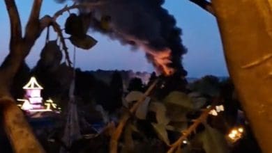 Billowing dark smoke and fire in the sky beyond Disneyland Paris