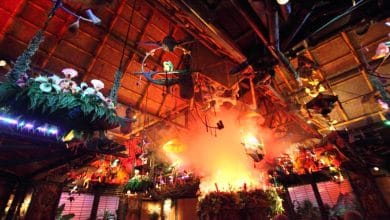 Animatronic parrots and tropical flowers dangle from the Enchanted Tiki Room ceiling at the Magic Kingdom
