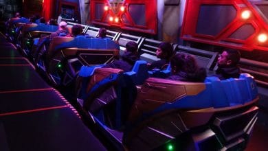 Guests aboard Guardians of the Galaxy: Cosmic Rewind at EPCOT