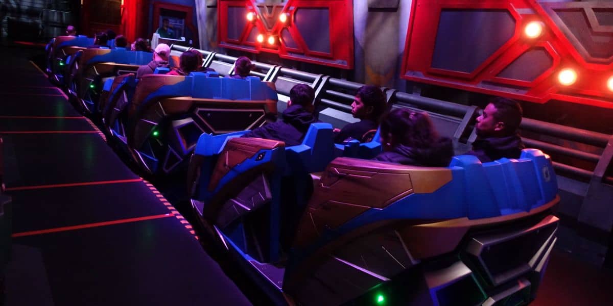 Guests aboard Guardians of the Galaxy: Cosmic Rewind at EPCOT
