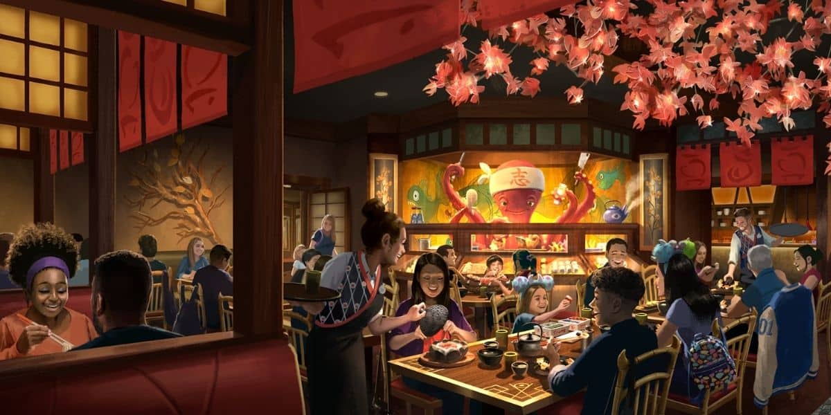 Disney World concept art of Harryhausen's sushi restaurant in Monstropolis
