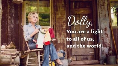 Dolly Parton sits on her front porch at Dollywood with text reading "Dolly, you are a light to all of us and the world" to honor her legacy