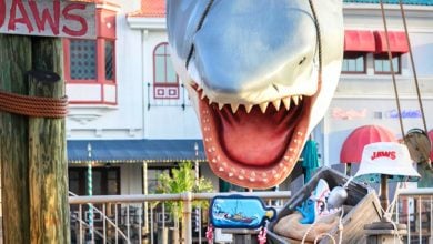 JAWS shark in Amity Island section of Universal Studios Florida surrounded by merch
