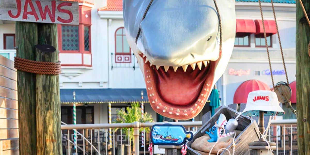 JAWS shark in Amity Island section of Universal Studios Florida surrounded by merch