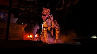 A dinosaur animatronic on Jurassic Park River Adventure