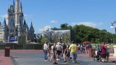 Guests in front of Cinderella Castle at Magic Kingdom Park during a refurbishment.