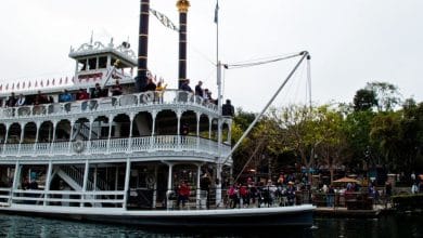 Guests on The Mark Twain Riverboat as it sails the Rivers of America at Disneyland