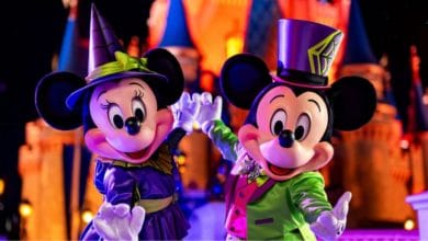 Minnie and Mickey Mouse in Halloween costumes in front of Cinderella Castle at Disney World during Halloween Party