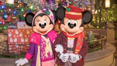 Minnie and Mickey Mouse, dressed in their festive winter best, pose together in front of a sparkling Disneyland Christmas tree, excitedly showing off the season’s must-have holiday popcorn bucket that’s quickly gained viral status among park guests.