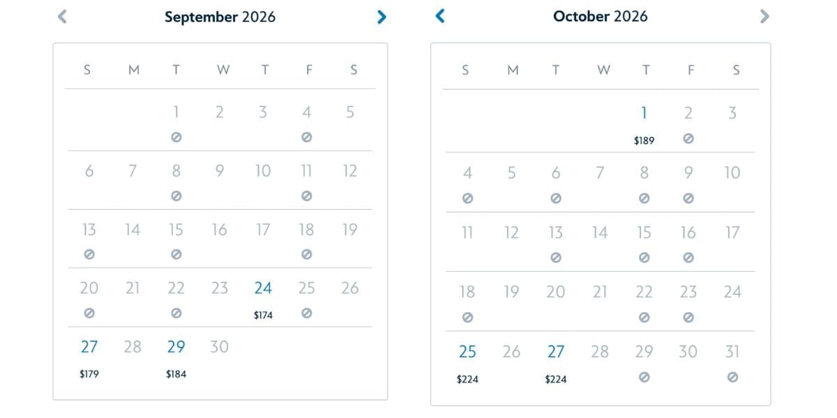 September and October 2026 calendars highlight ticket availability for Mickey's Not-So-Scary Halloween Party