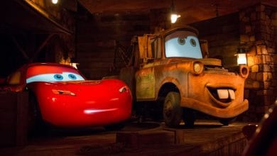 Lightning McQueen and Mater from Disney and Pixar’s 'Cars' parked on Radiator Springs Racers.