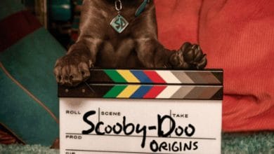 Scooby pup rests paws on clapperboard as scooby-doo origins wraps up season 1 filming