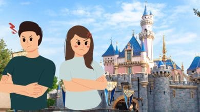 Two animated Disneyland cast members, arms crossed in frustration, stand before Sleeping Beauty Castle beneath a bright blue sky.