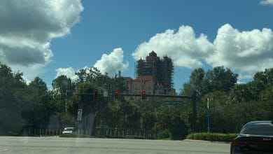 A new attraction rises behind a row of trees, as colorful traffic lights and a Kia pass by at the lively park entrance intersection.