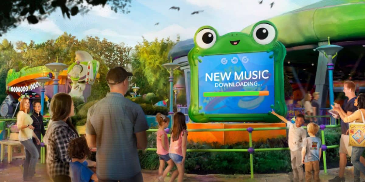 disney world guests gather around lilypad toy in toy story land area of hollywood studios