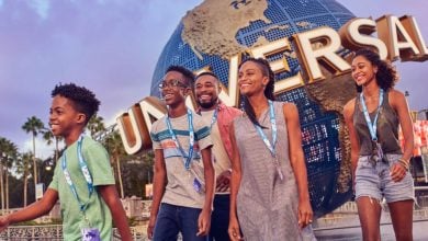 Universal Orlando family of Annual Passholders walk in front of the iconic spinning globe