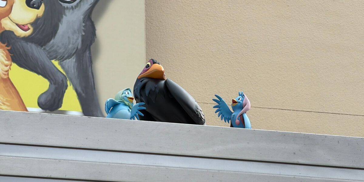 Three vibrant cartoon birds perch on a ledge in front of a colorful wall decorated with playful animal art, echoing the whimsical flair of Disney’s Hollywood Studios.