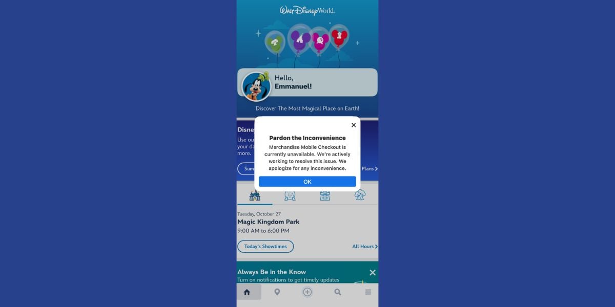 A My Disney Experience app pop-up alert notifying guests of a service outage for Merchandise Mobile Checkout at Disney World.